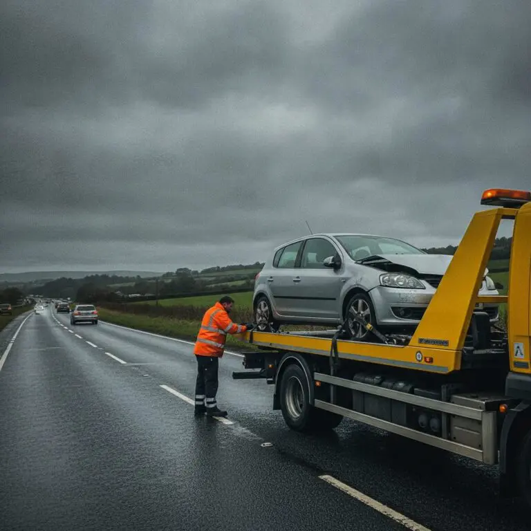 Recovery tow truck loading an accident-damaged car onto a flatbed on a UK road