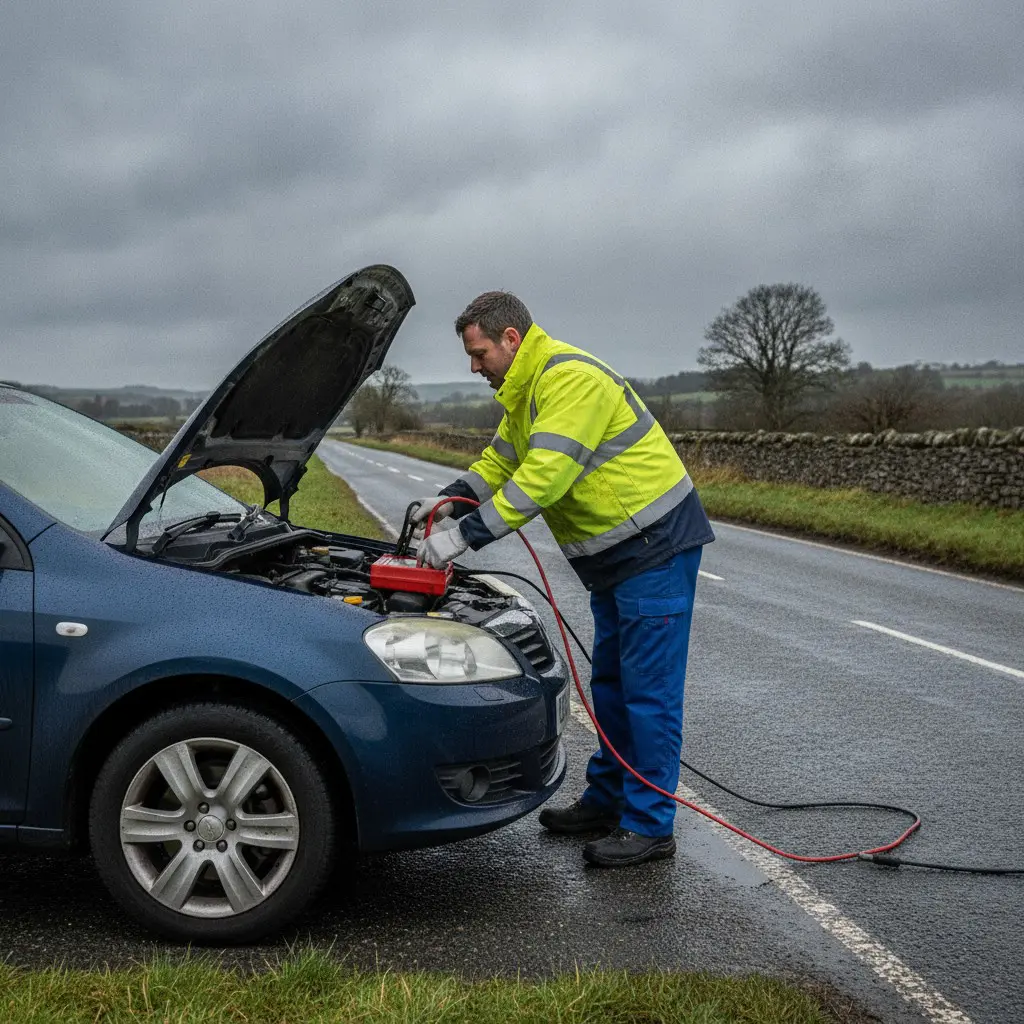 Recovery technician jump-starting a car with a flat battery at the roadside
