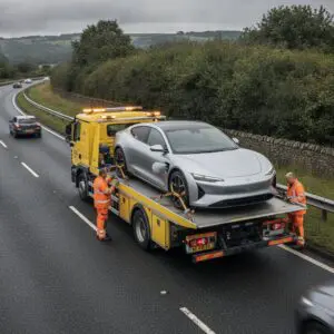 Electric car loaded on a flatbed recovery truck after an EV breakdown