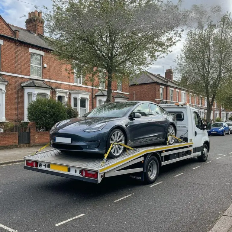 Car loaded and secured on a flatbed recovery truck ready for transport