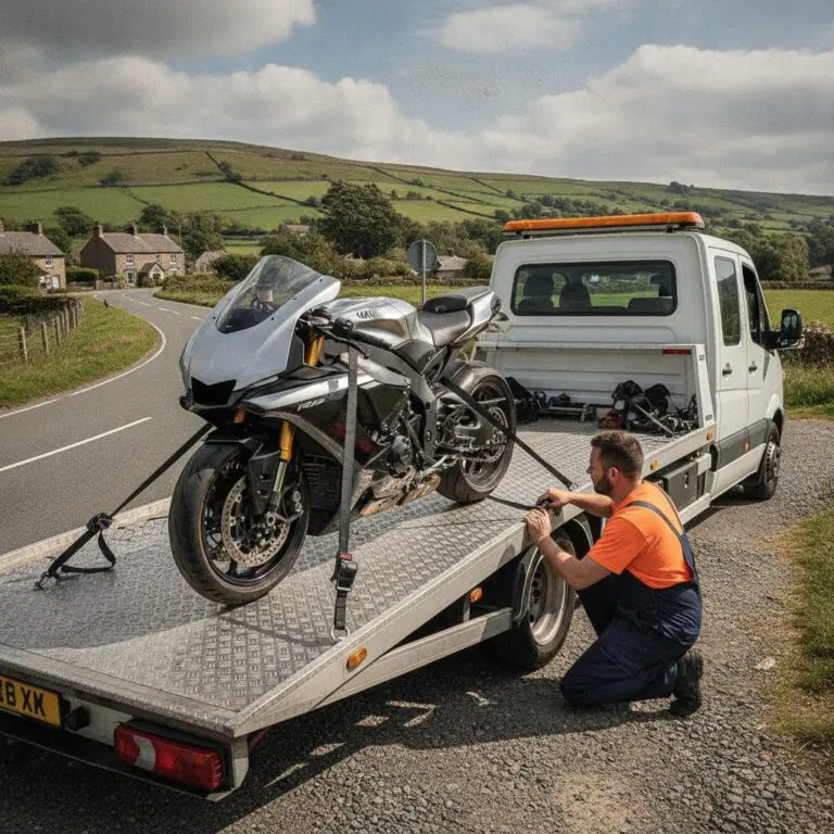Recovery technician securing a motorcycle with soft straps onto a flatbed tow truck