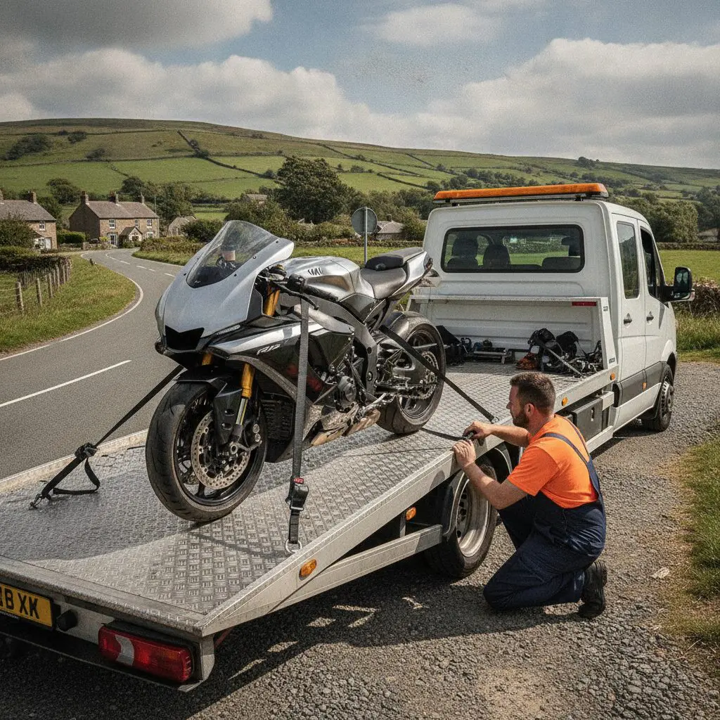 Recovery technician securing a motorcycle with soft straps onto a flatbed tow truck