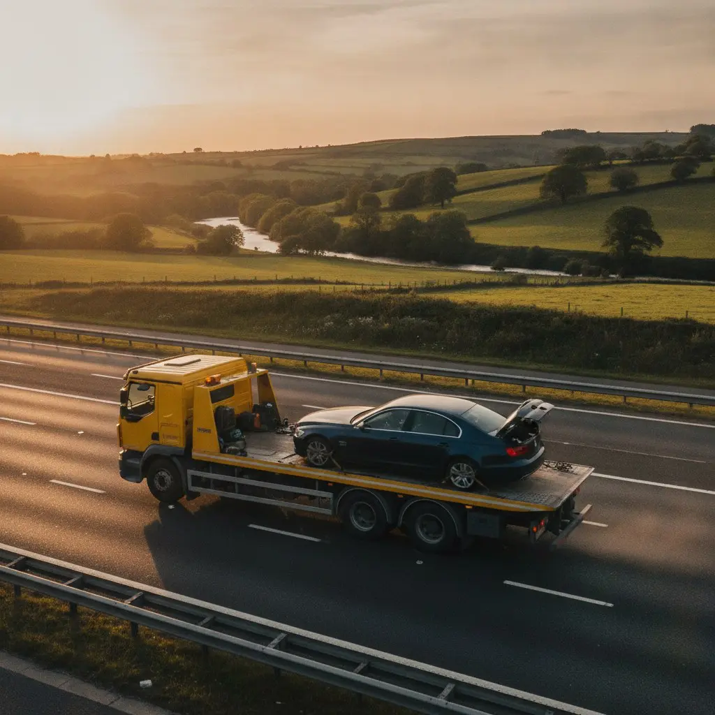 Recovery truck transporting a car on a long distance motorway journey