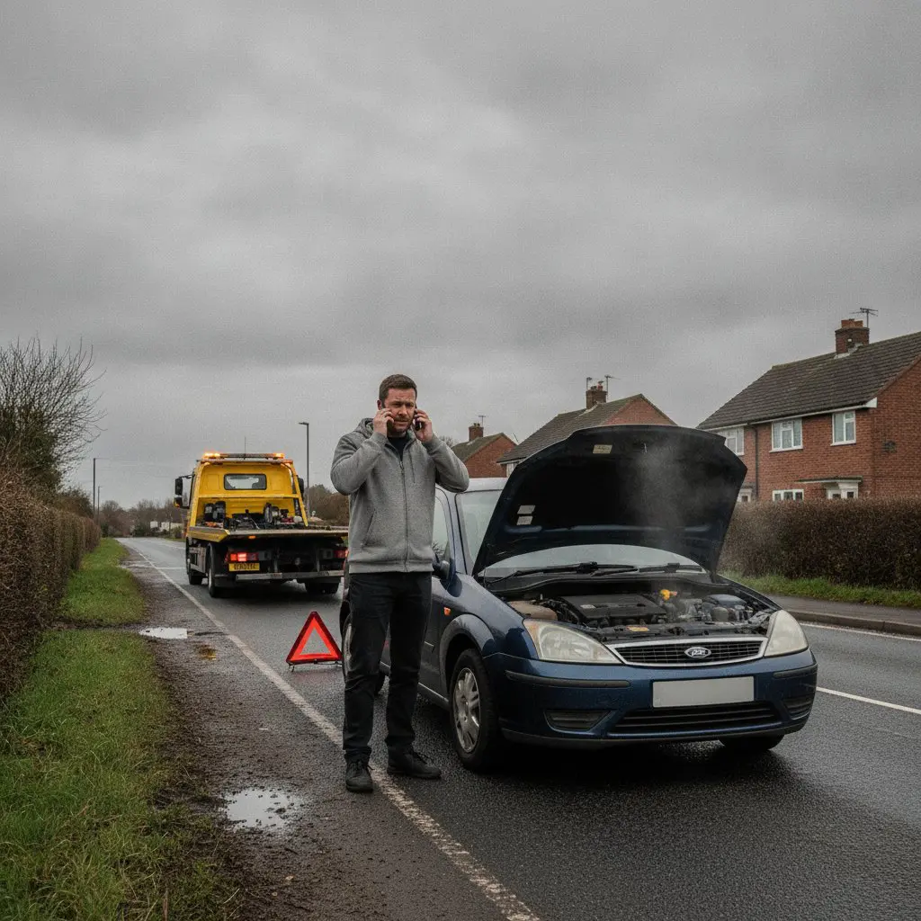 Driver with no breakdown cover calling for vehicle recovery on a UK roadside