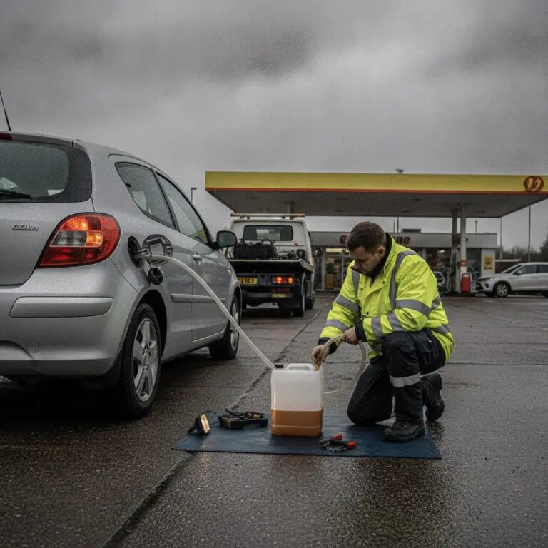 Recovery technician draining wrong fuel from a car at the roadside
