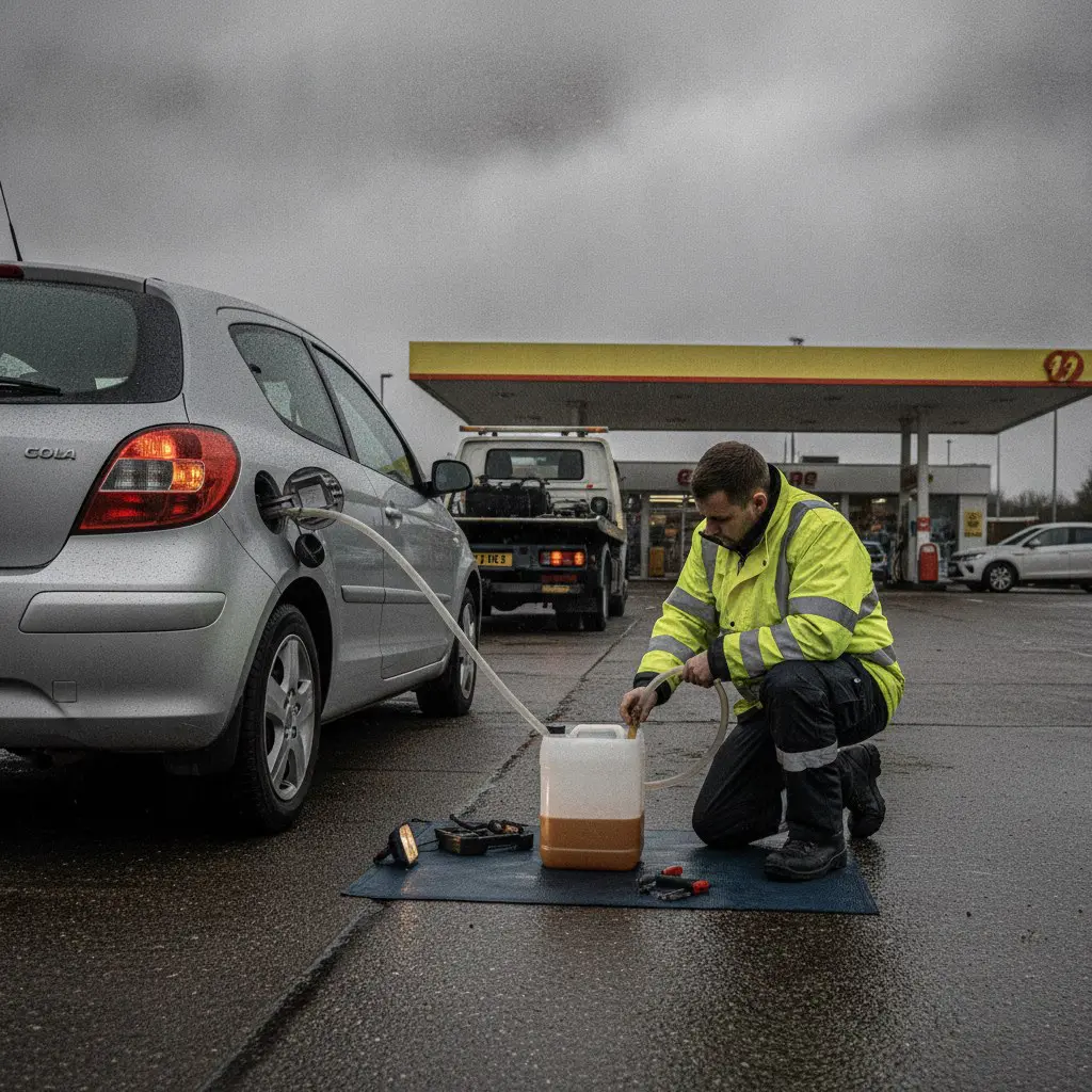 Recovery technician draining wrong fuel from a car at the roadside