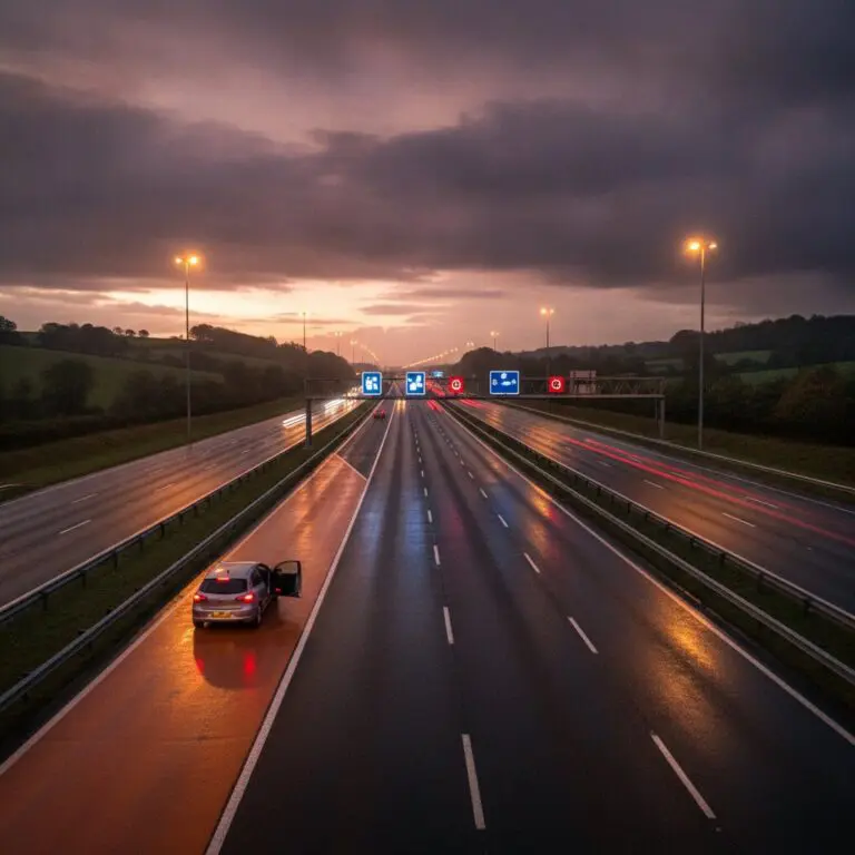 Car stopped in a smart motorway emergency area with hazard lights during a breakdown