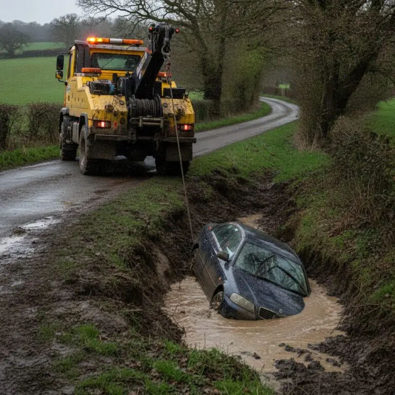 Recovery truck winching a muddy car out of a ditch on a UK country lane