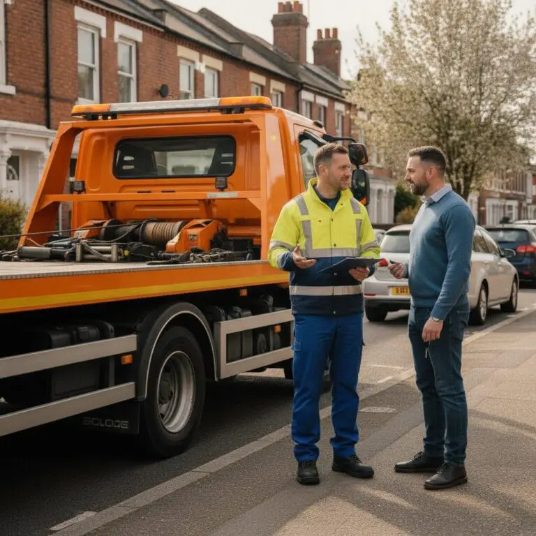 Recovery truck driver with a clipboard beside a tow truck on a UK street