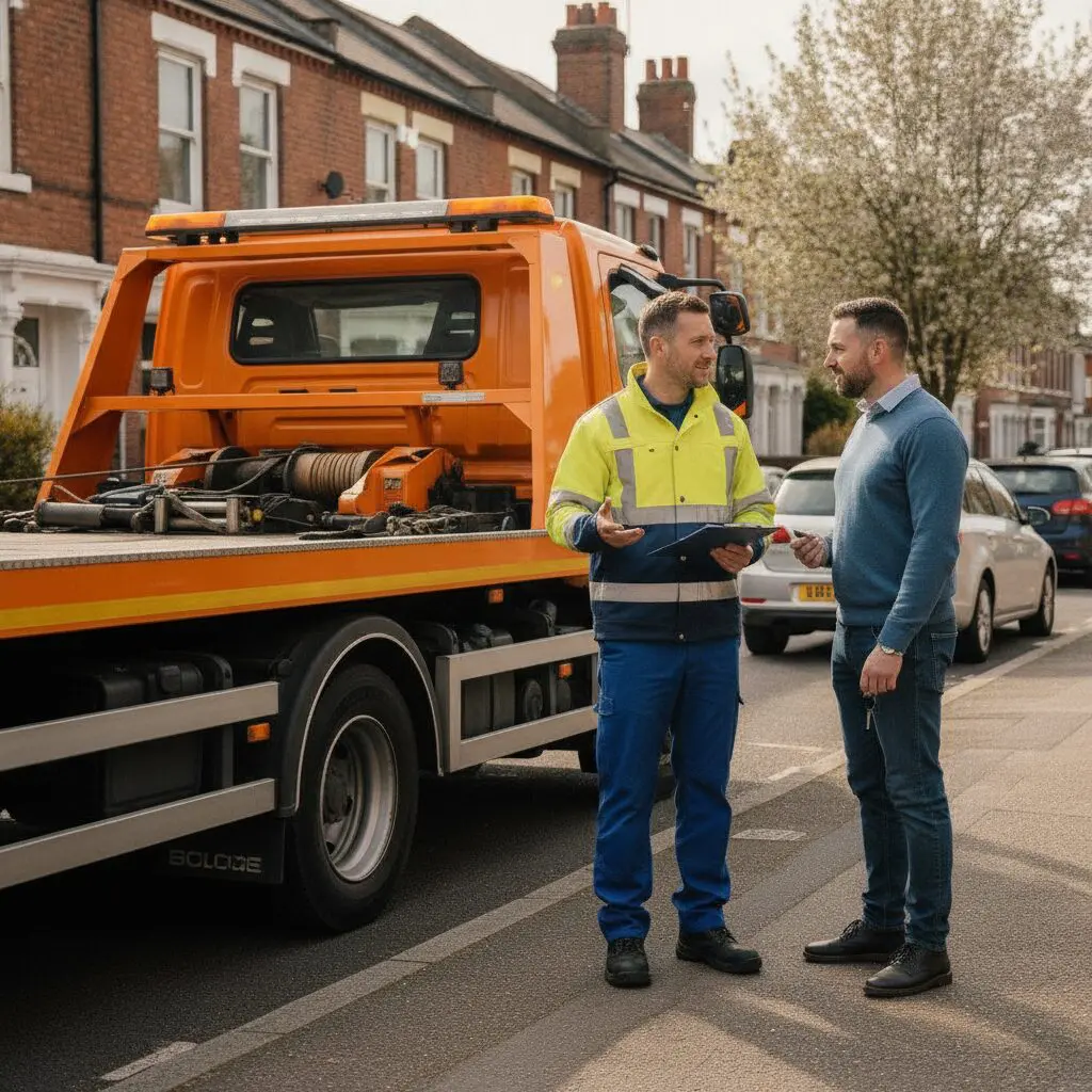 Recovery truck driver with a clipboard beside a tow truck on a UK street