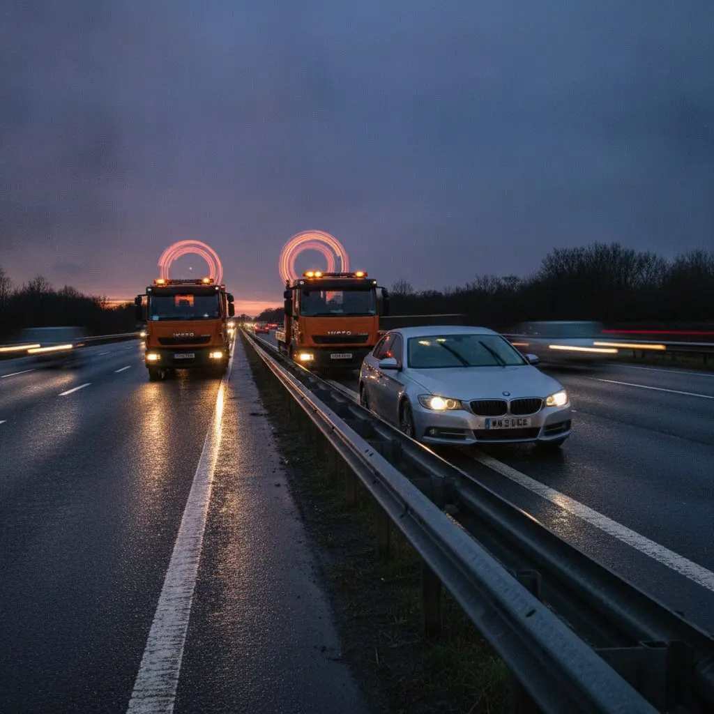 Recovery tow truck arriving at a broken-down car on a UK motorway hard shoulder at dusk